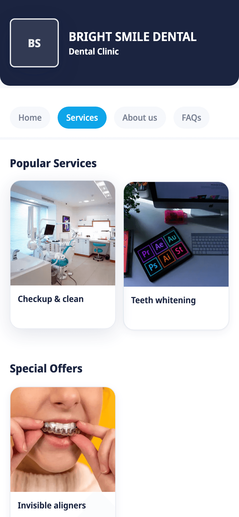 The Bright Smile Dental site, generated by Carder