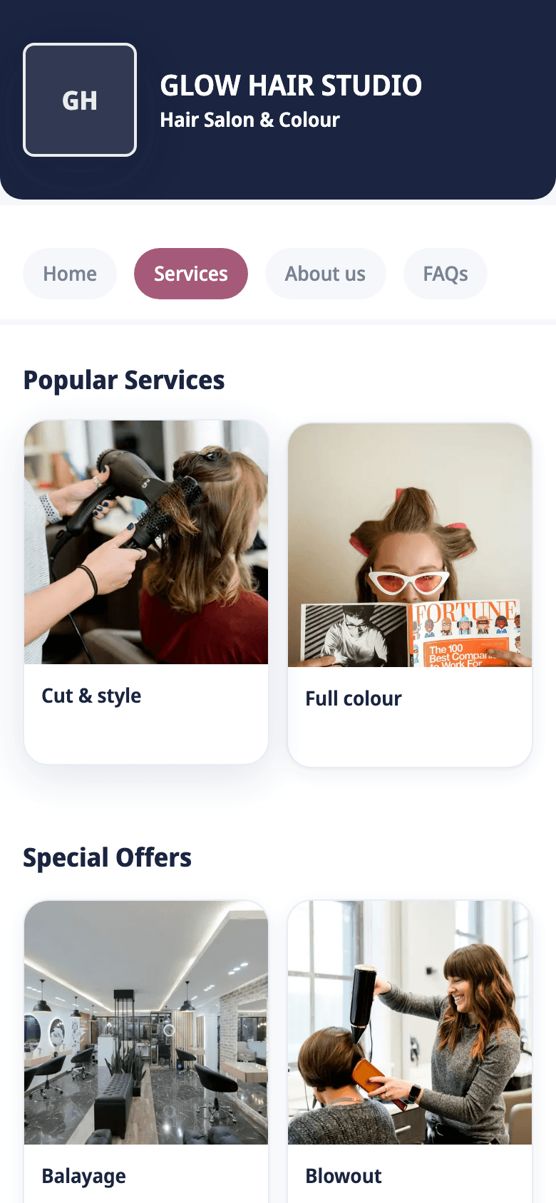 The Glow Hair Studio site, generated by Carder