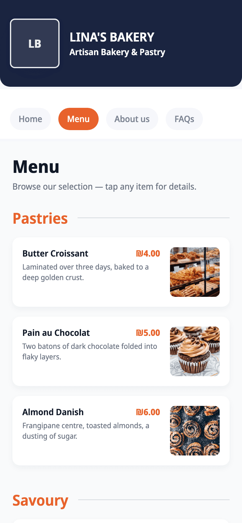 The Lina's Bakery site, generated by Carder